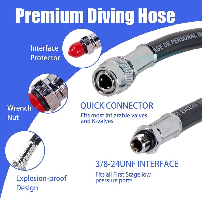 JUSTOOP Store Scuba Diving Low Pressure Hose for Standard BCD,Premium Rubber 350PSI Dive LP Inflato Hoses with Quick Connector, 26"/28"/30",Black - Image 2